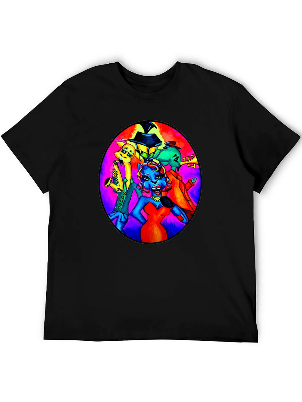 Black T-Shirt with Retro Cartoon Band Print