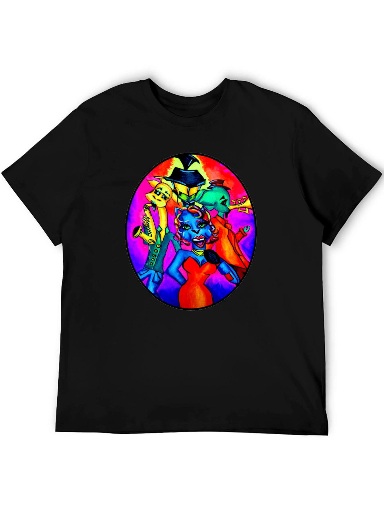 Black T-Shirt with Retro Cartoon Band Print