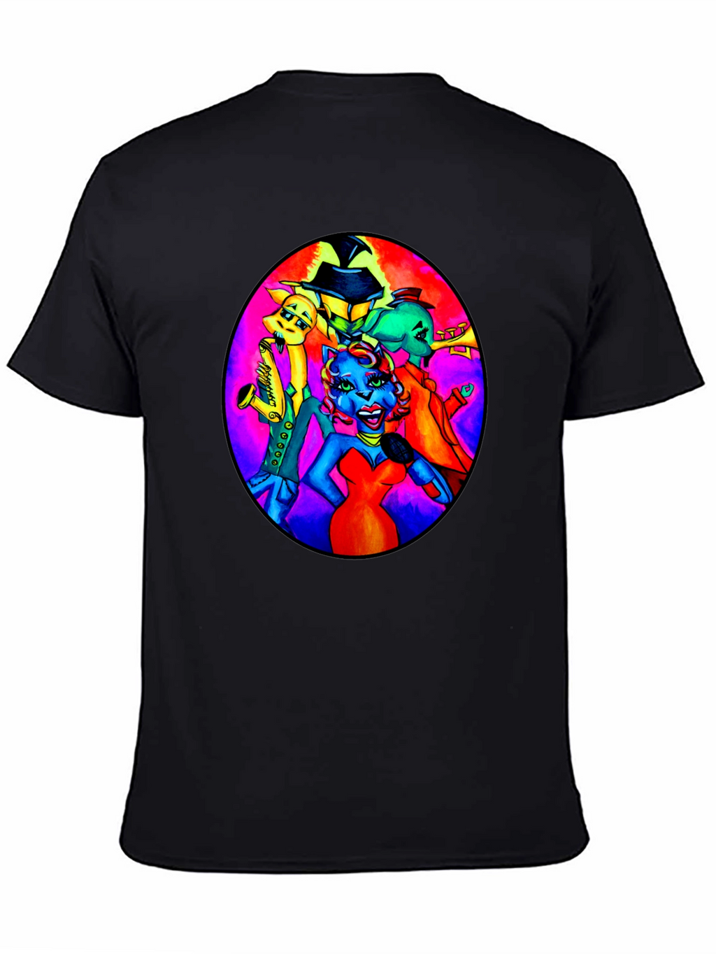 Black T-Shirt with Retro Cartoon Band Print