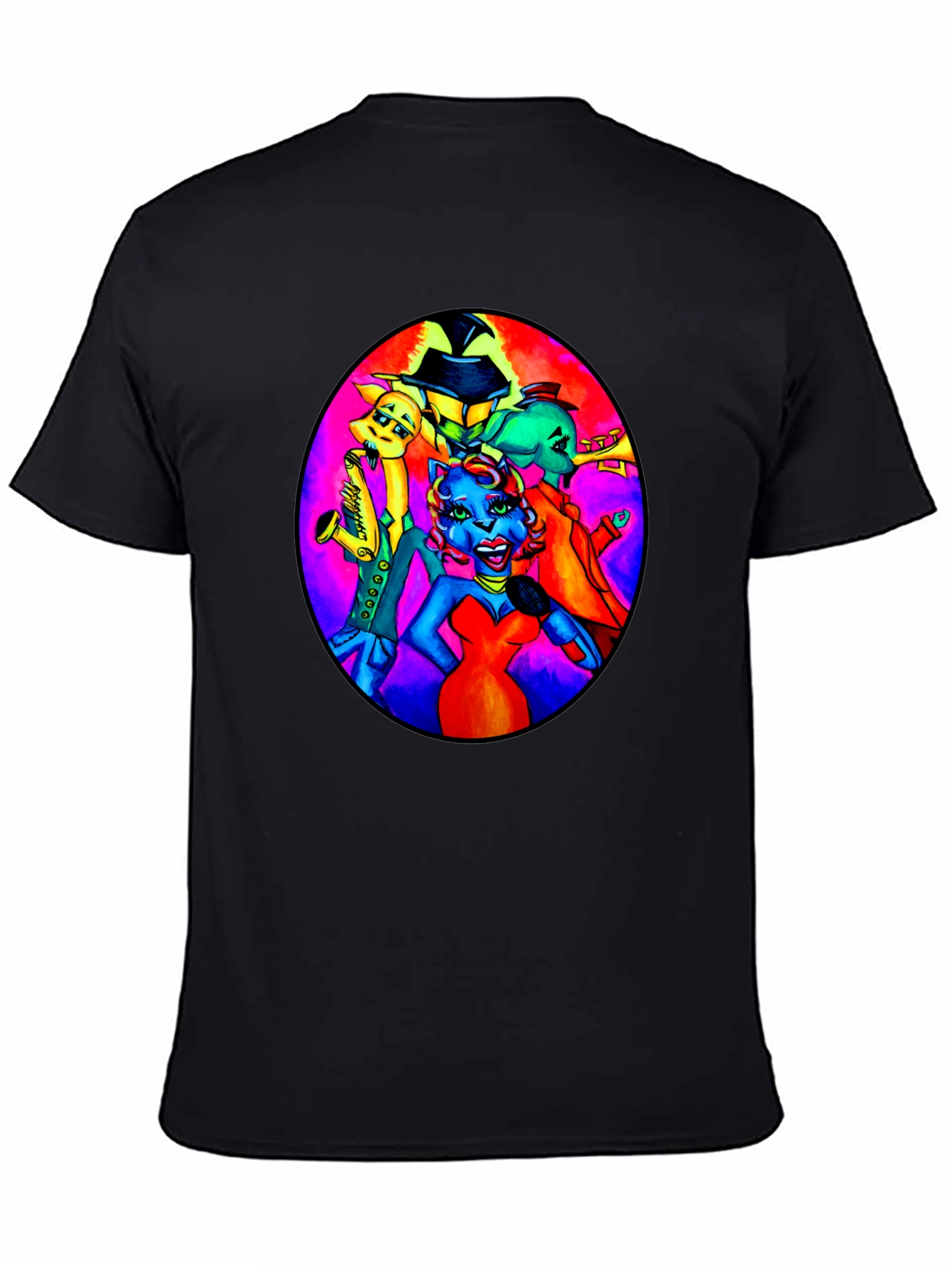 Black T-Shirt with Retro Cartoon Band Print