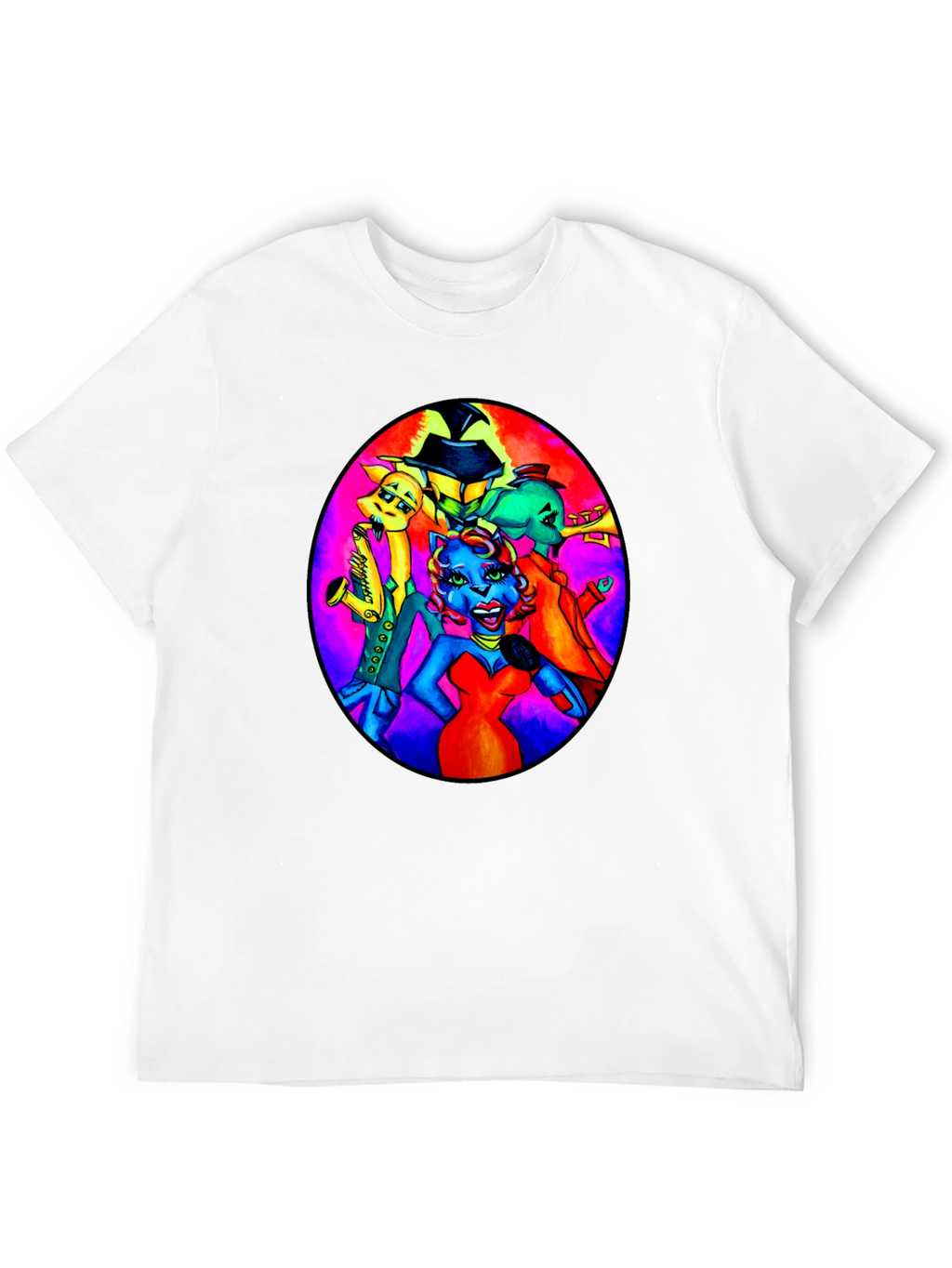 Black T-Shirt with Retro Cartoon Band Print