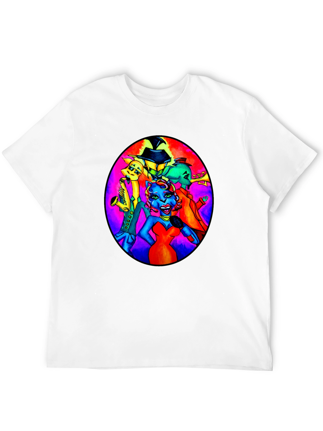 Black T-Shirt with Retro Cartoon Band Print
