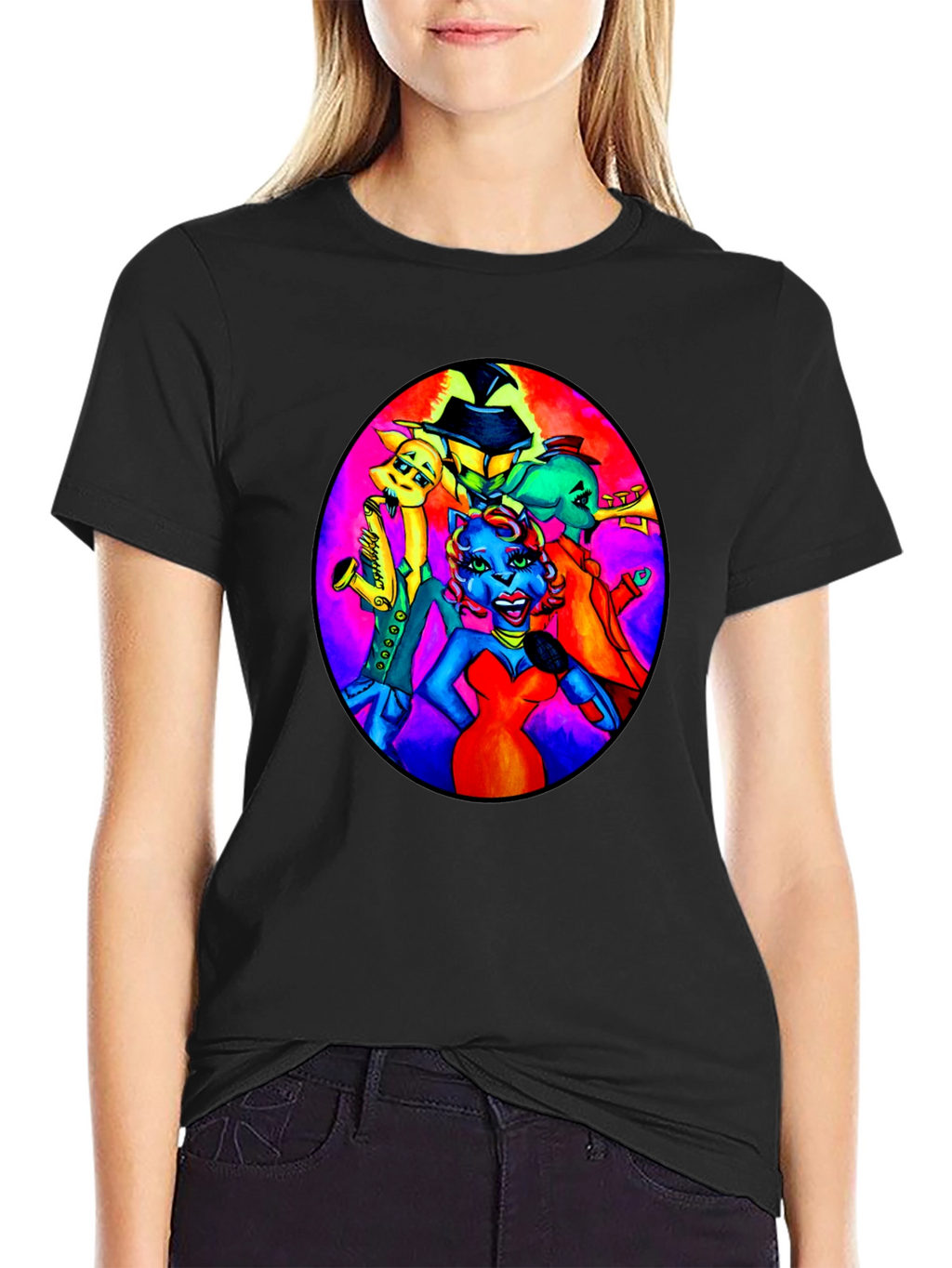 Black T-Shirt with Retro Cartoon Band Print
