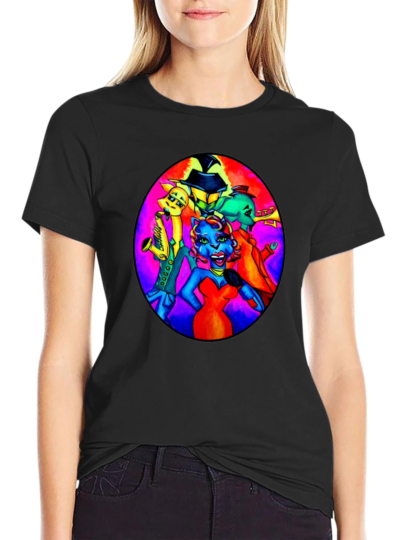 Black T-Shirt with Retro Cartoon Band Print