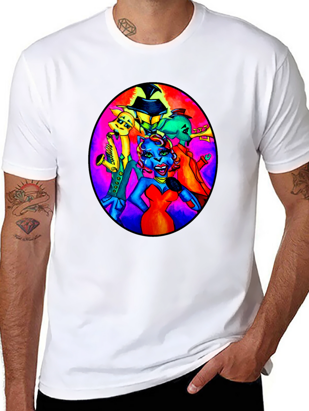 Black T-Shirt with Retro Cartoon Band Print