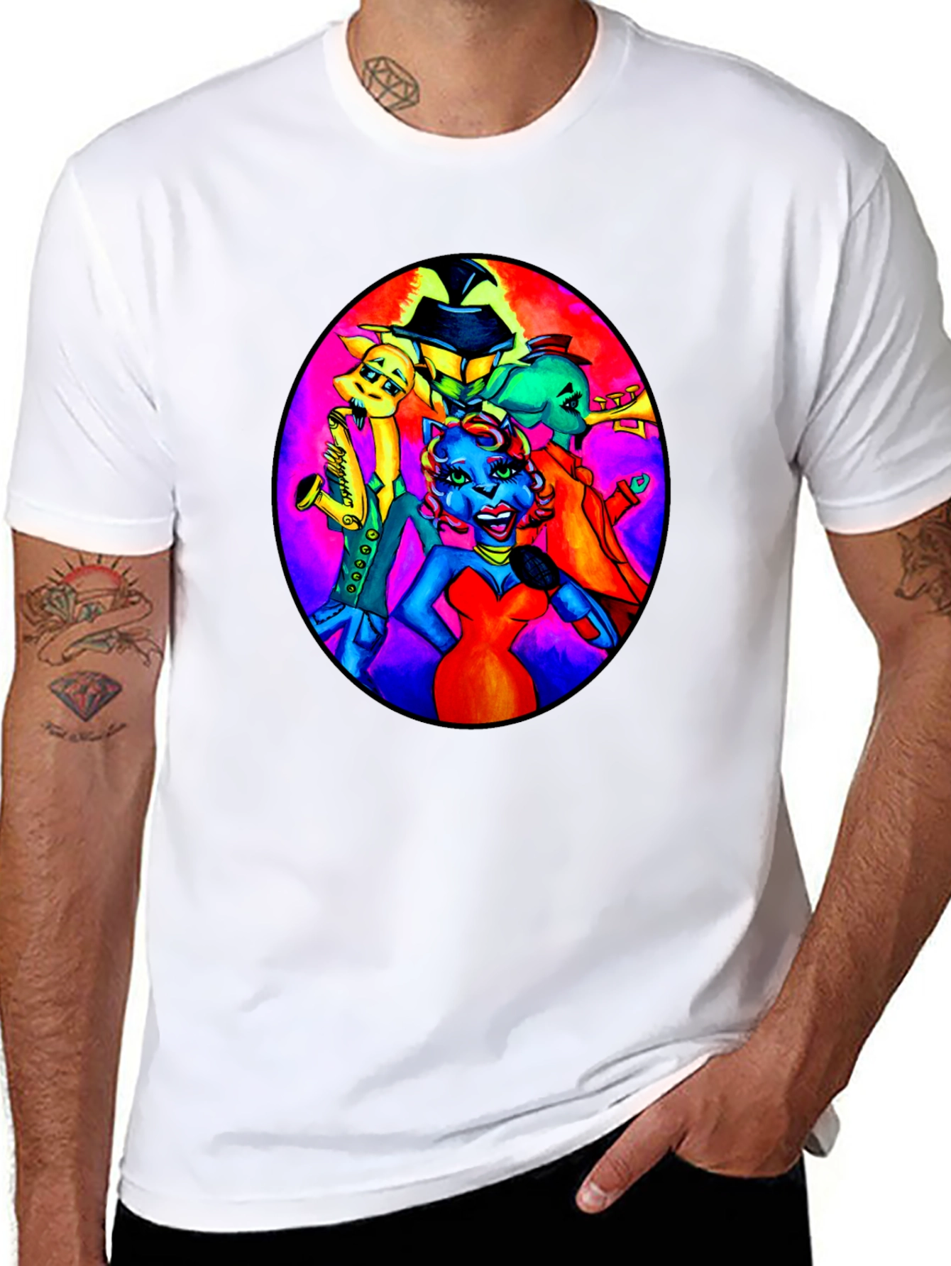 Black T-Shirt with Retro Cartoon Band Print