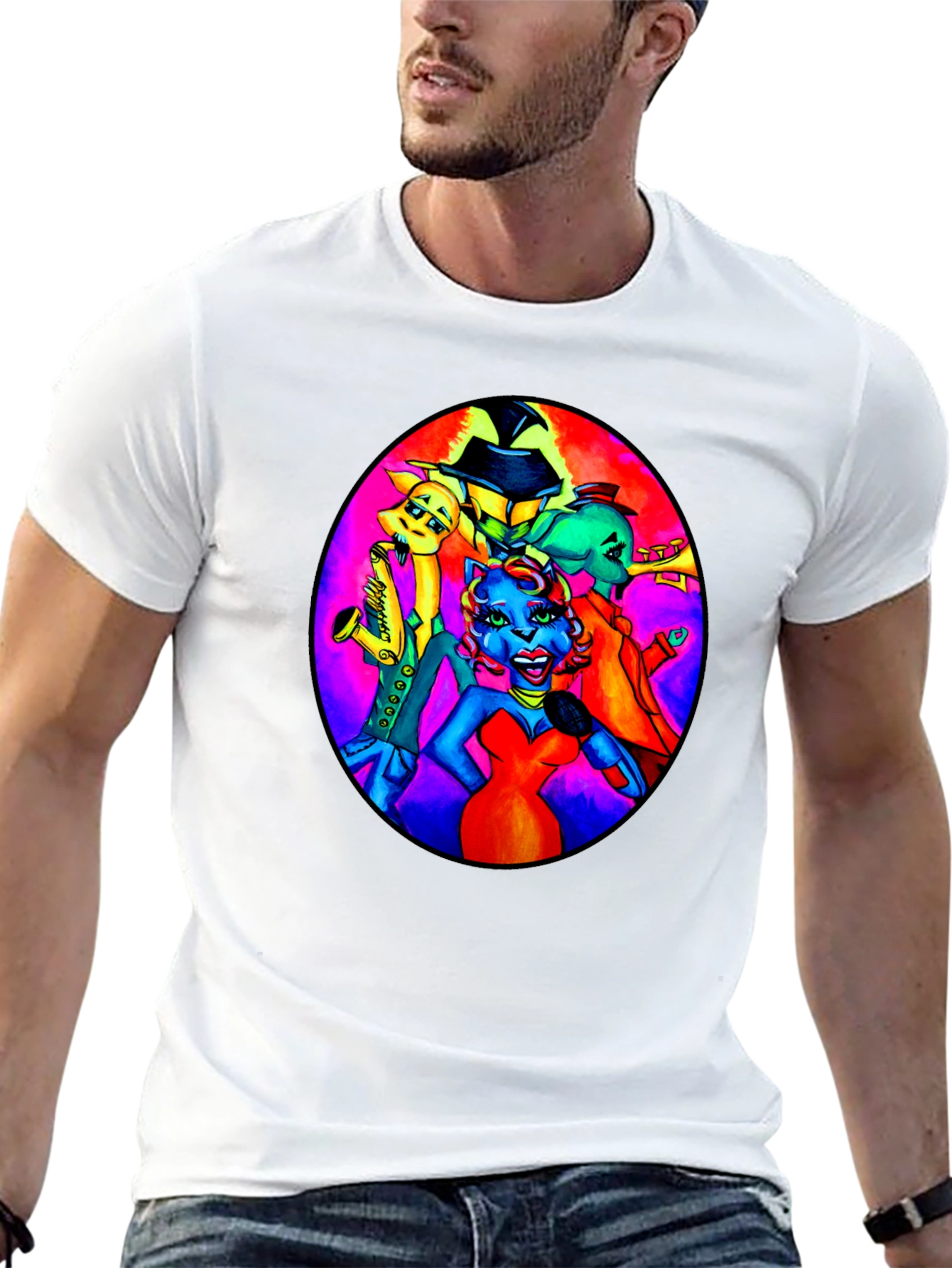 Black T-Shirt with Retro Cartoon Band Print