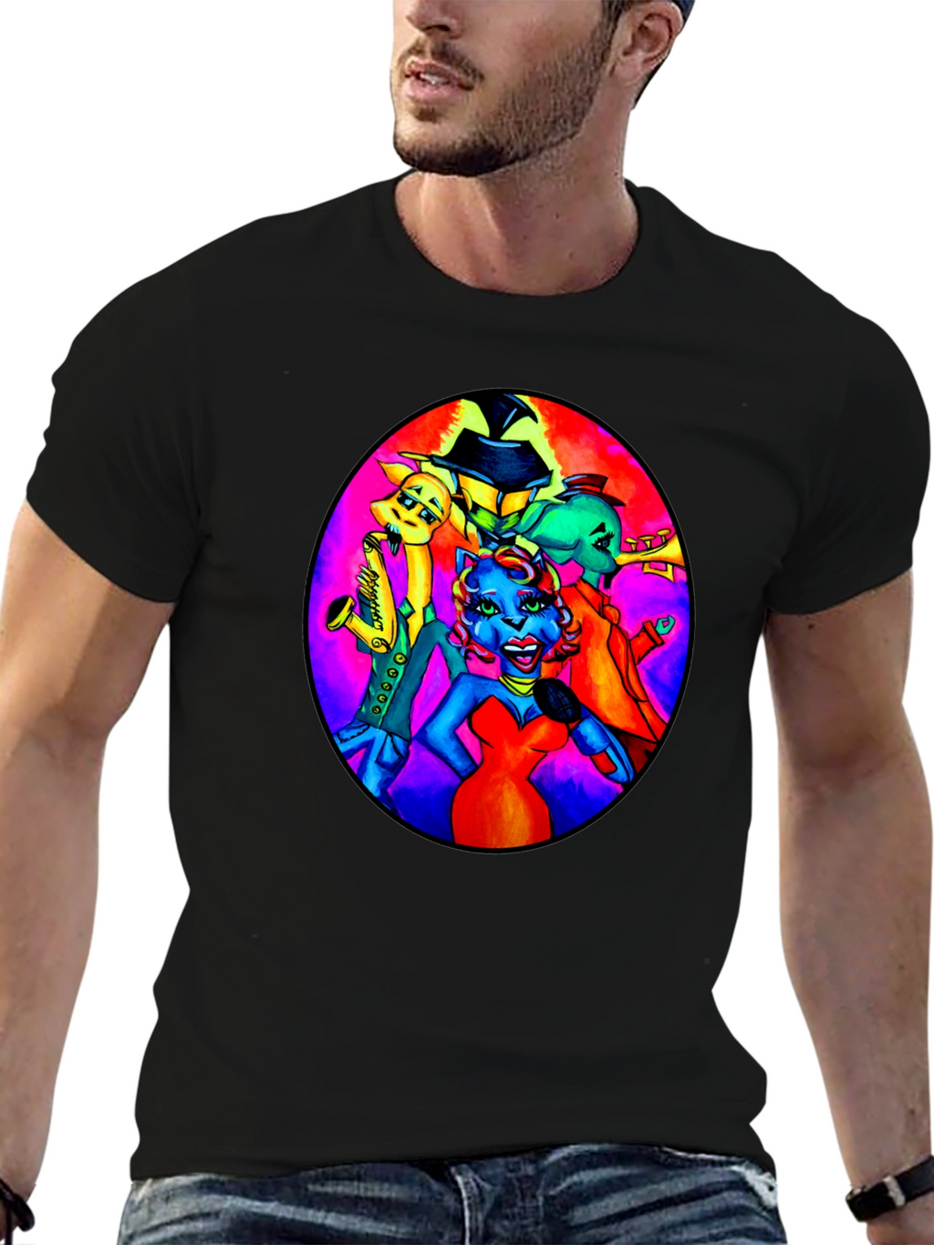 Black T-Shirt with Retro Cartoon Band Print