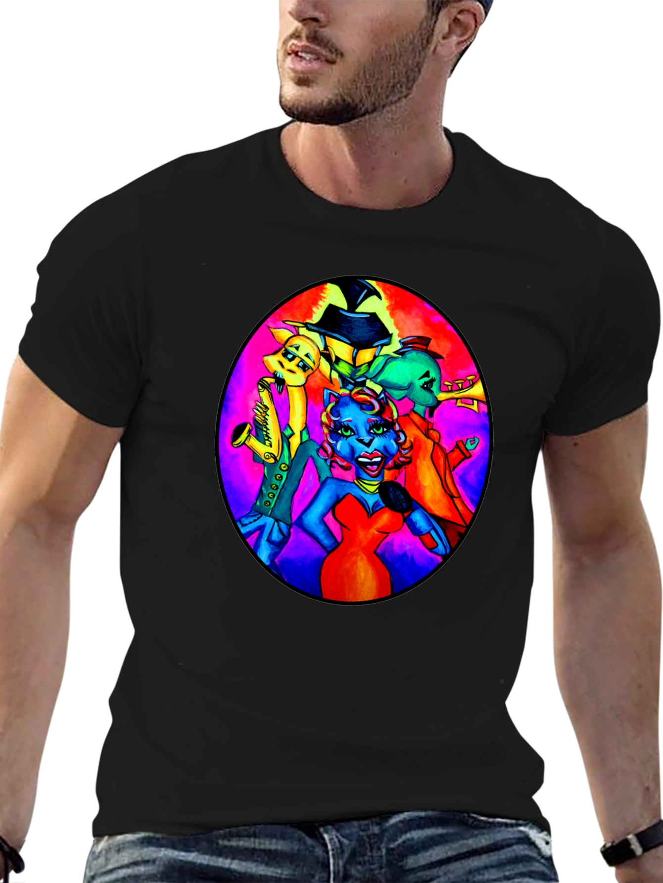 Black T-Shirt with Retro Cartoon Band Print