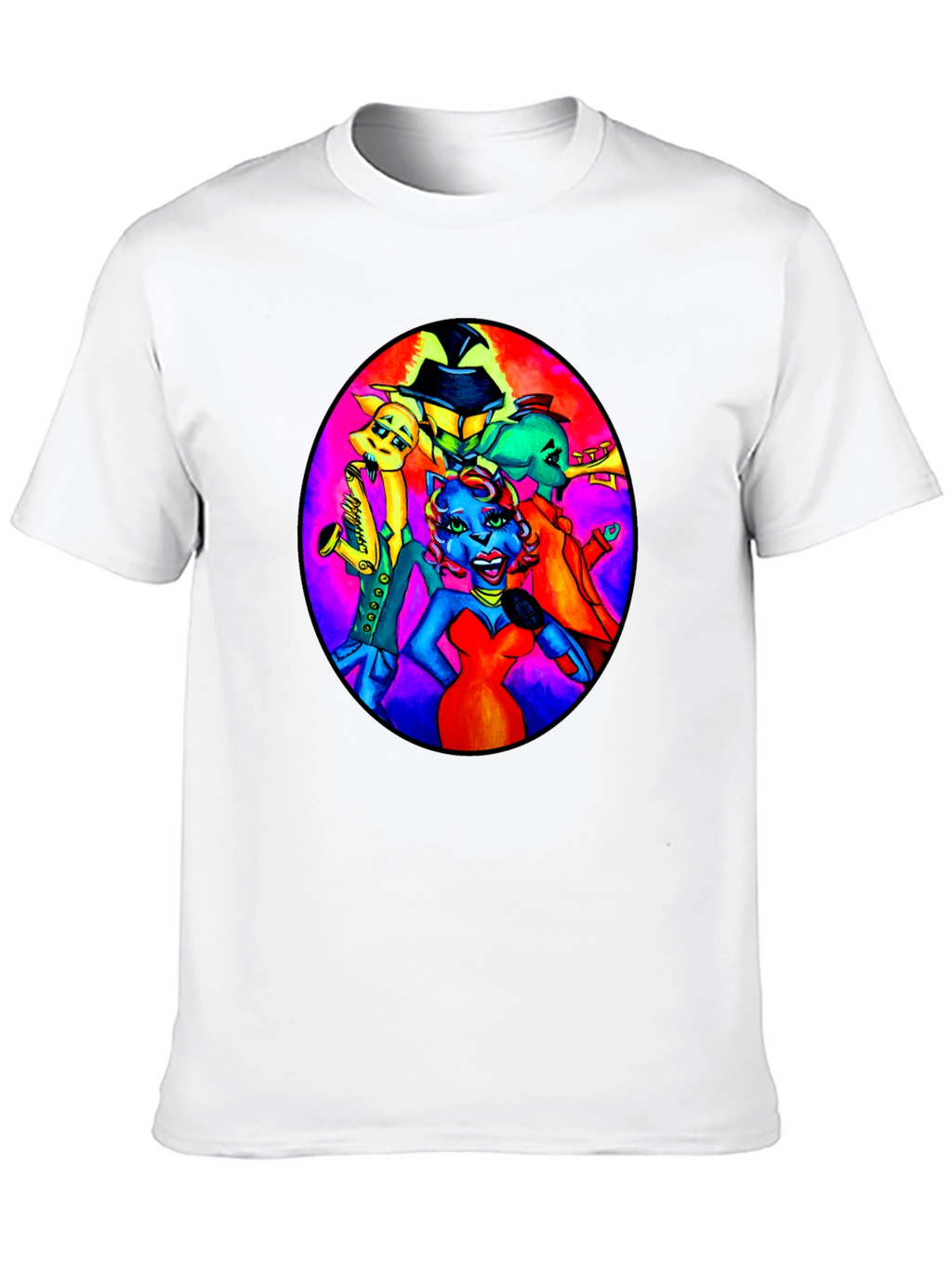 Black T-Shirt with Retro Cartoon Band Print