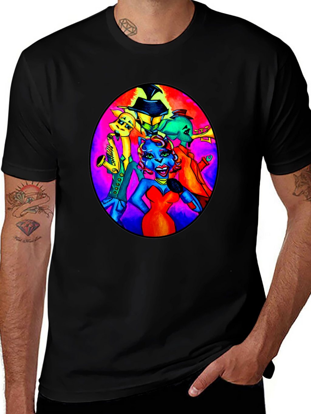 Black T-Shirt with Retro Cartoon Band Print