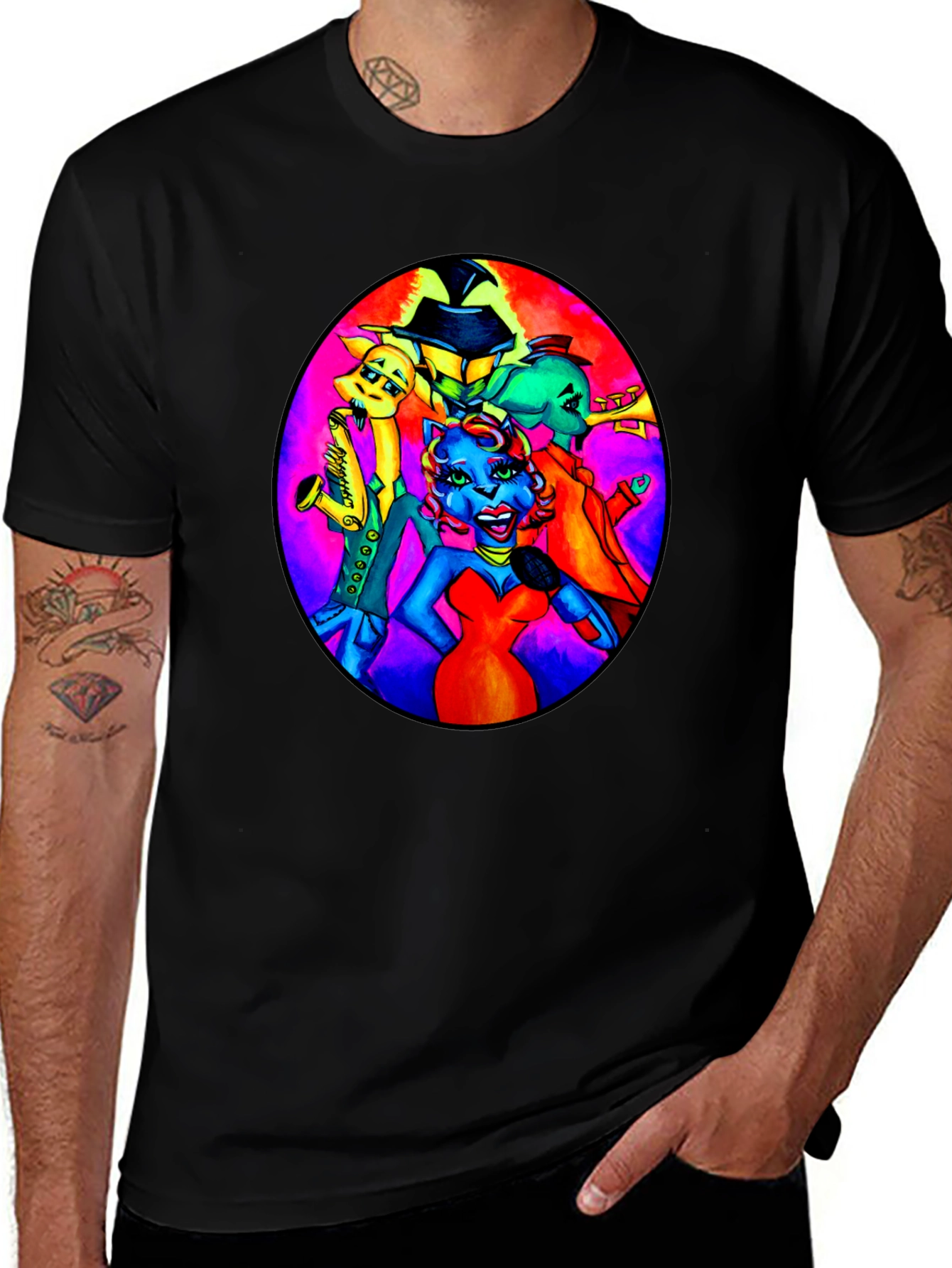 Black T-Shirt with Retro Cartoon Band Print