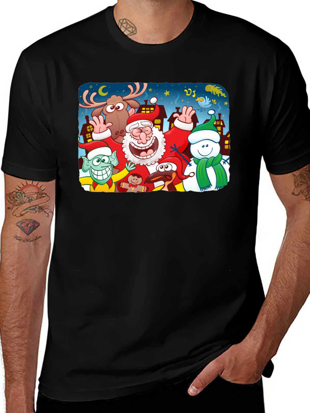 Cartoon Christmas Crew Black T-Shirt
