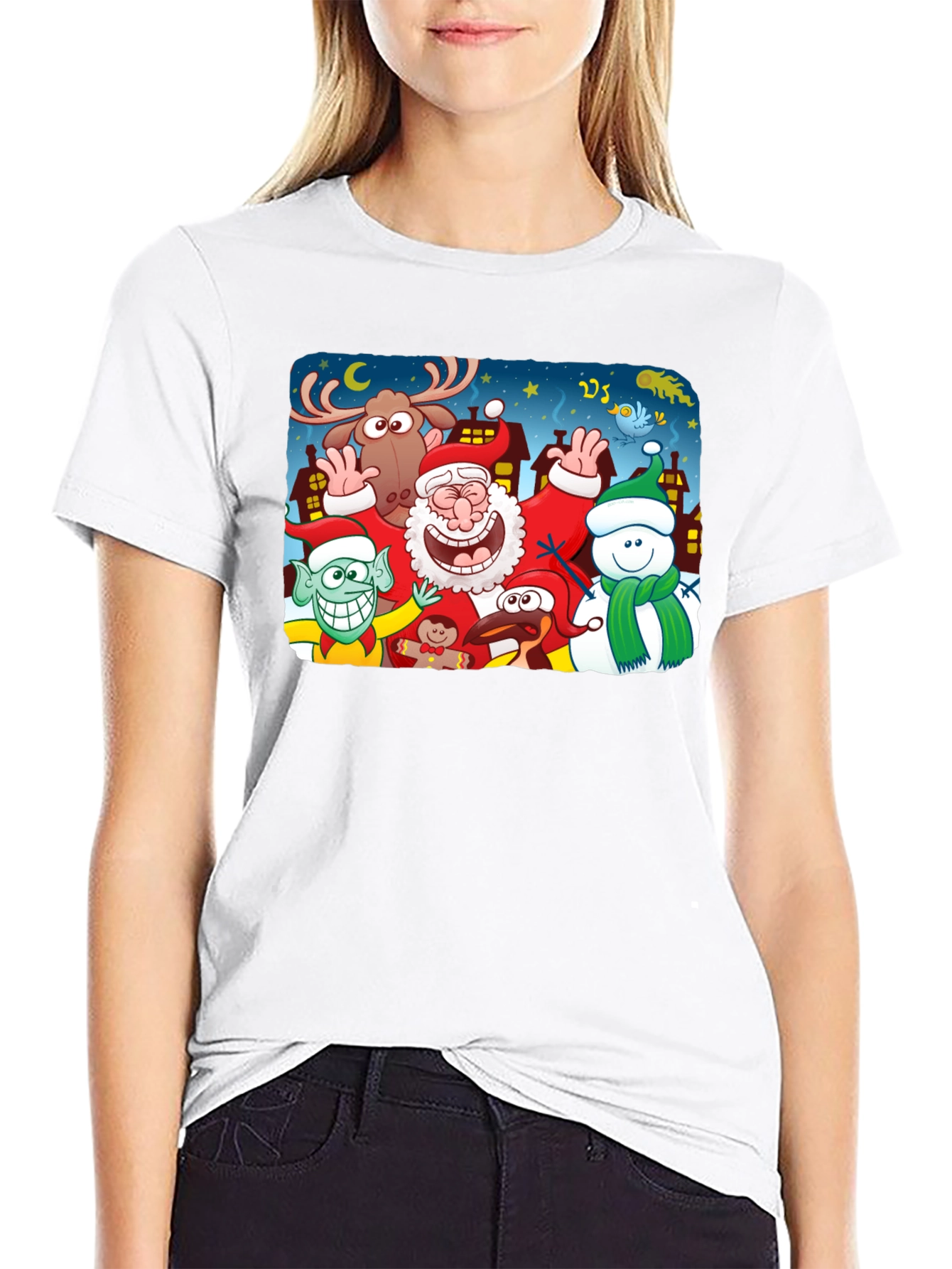 Cartoon Christmas Crew Black T-Shirt