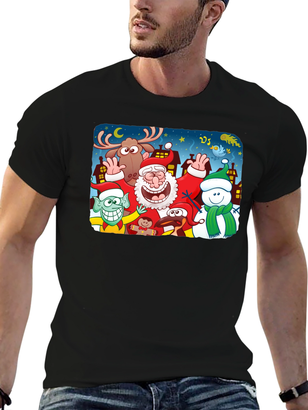 Cartoon Christmas Crew Black T-Shirt