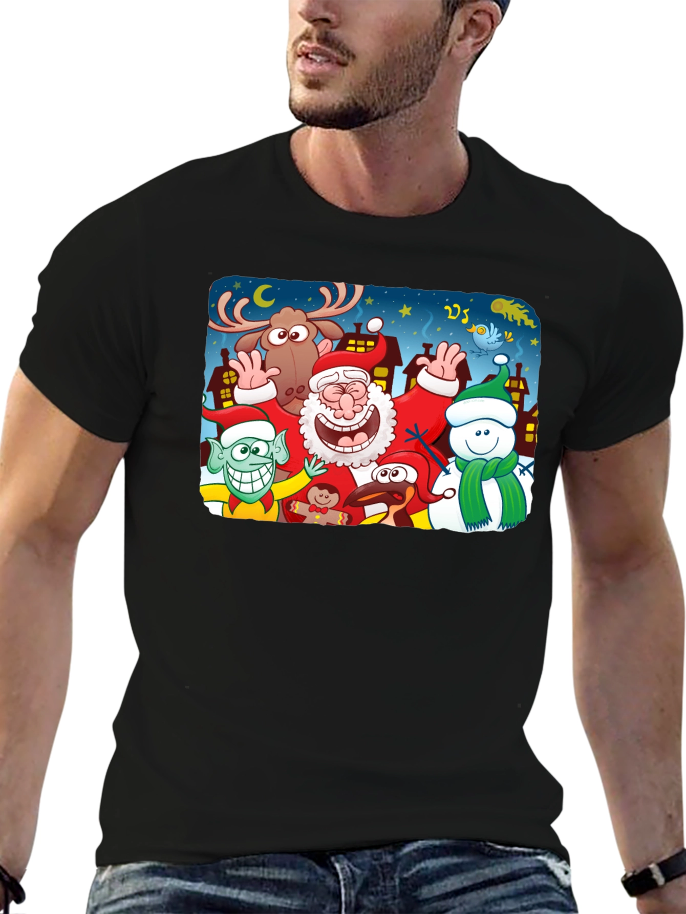 Cartoon Christmas Crew Black T-Shirt