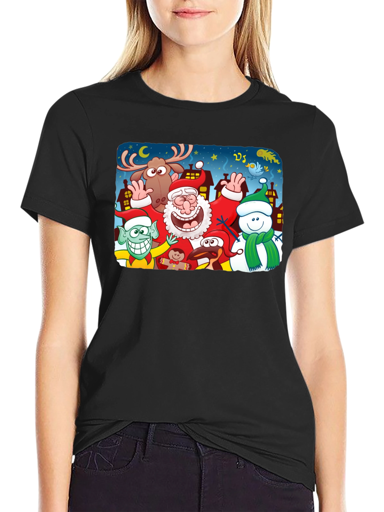 Cartoon Christmas Crew Black T-Shirt