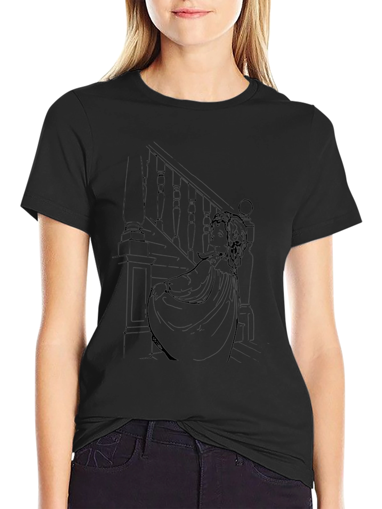 Elegant Woman Staircase Graphic Tee - Black