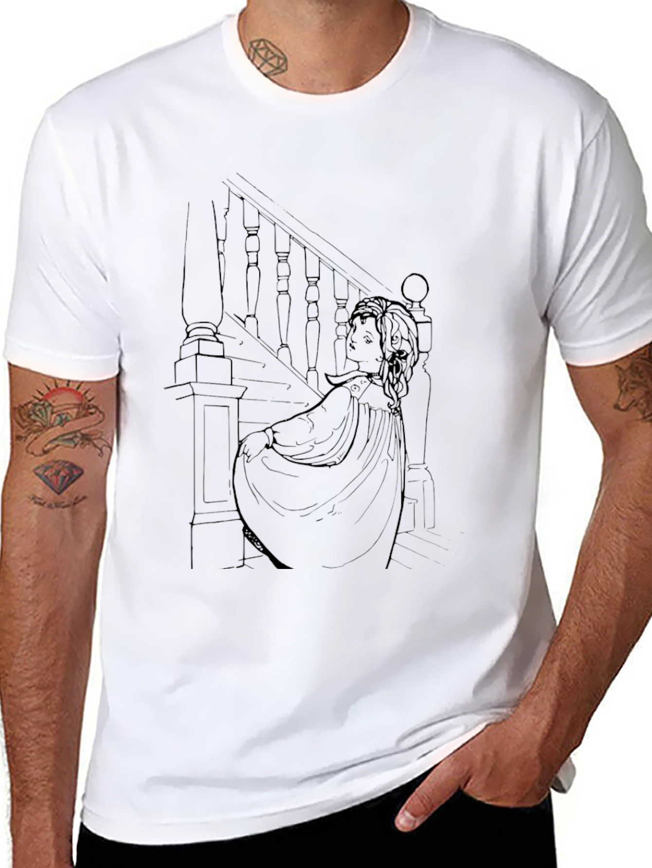 Elegant Woman Staircase Graphic Tee - Black