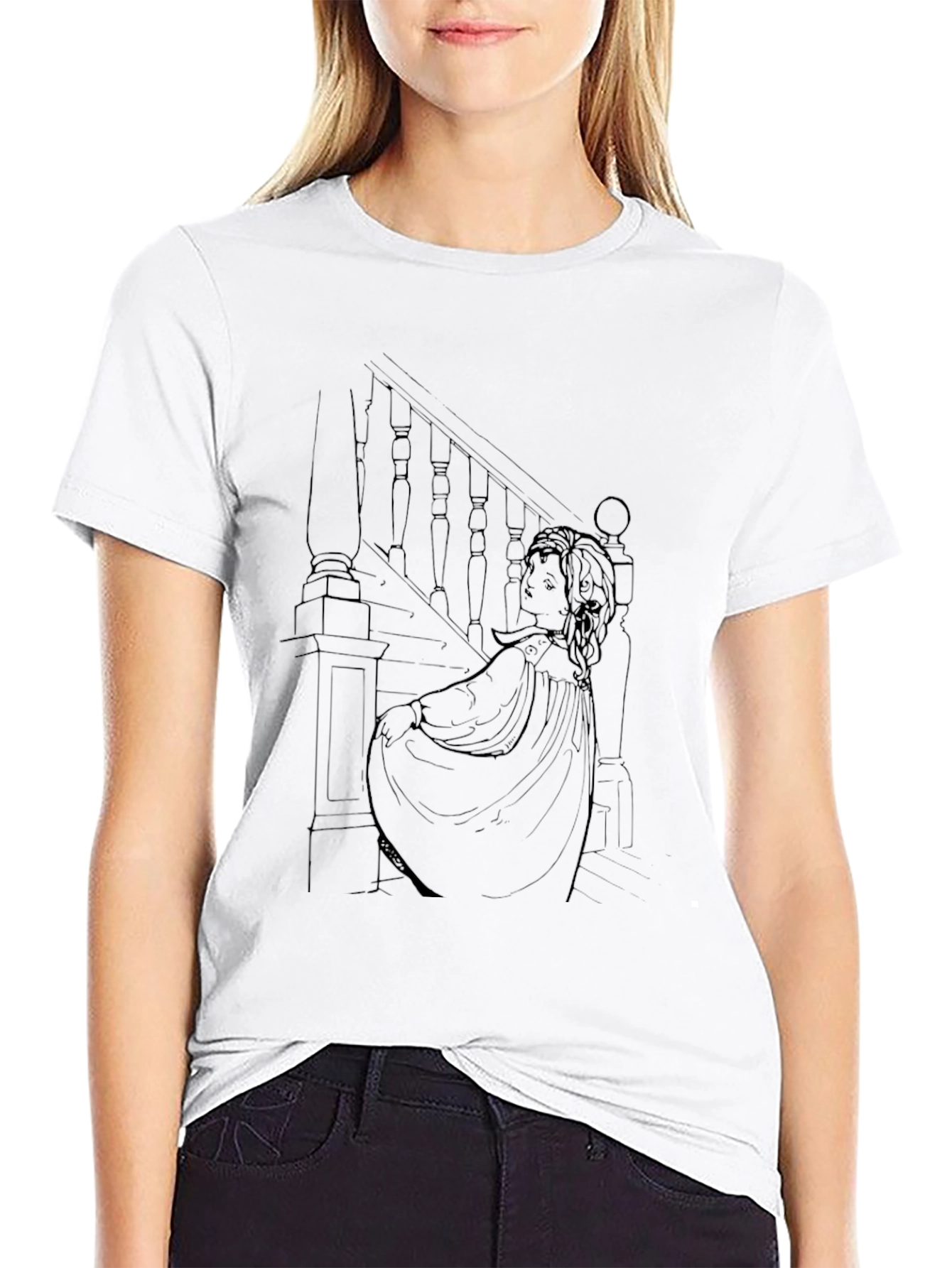 Elegant Woman Staircase Graphic Tee - Black