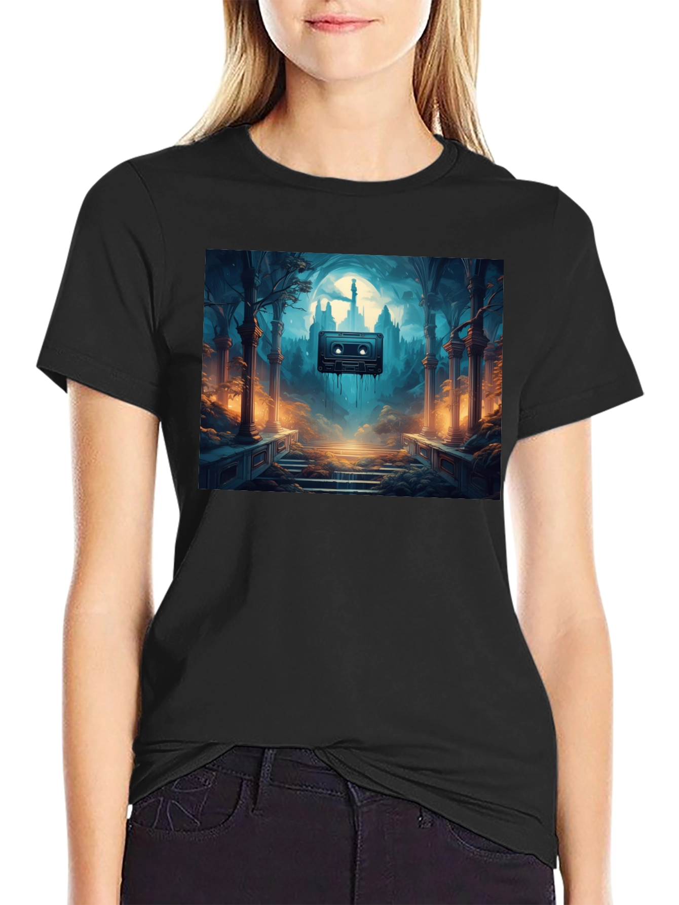 Melting Cassette Tape Graphic Black T-Shirt