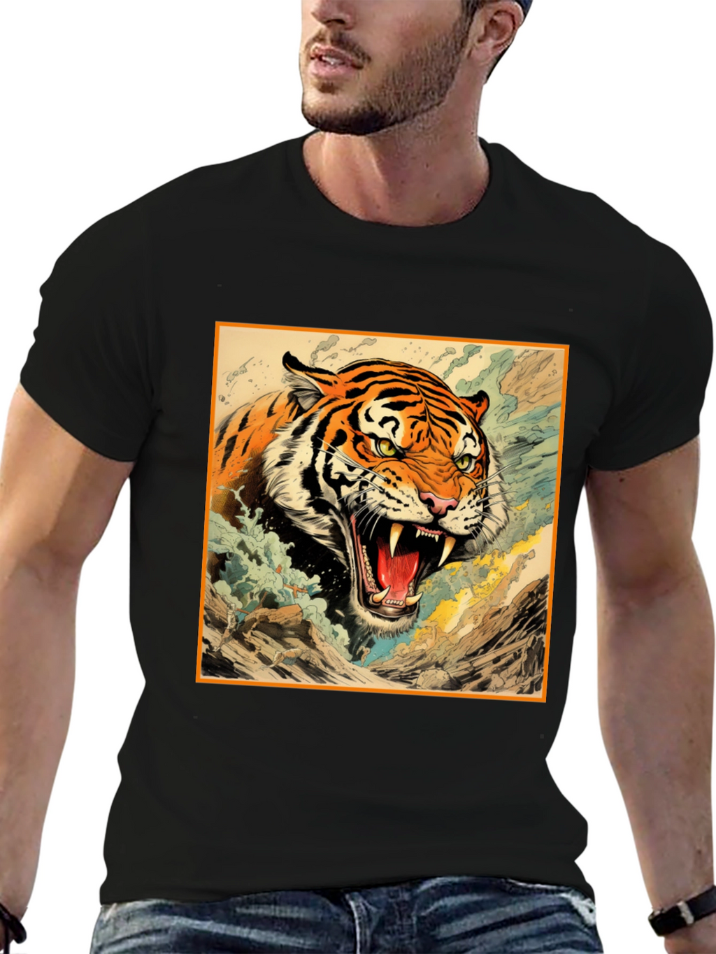 Tiger Graphic Tee - Black Cotton T-Shirt