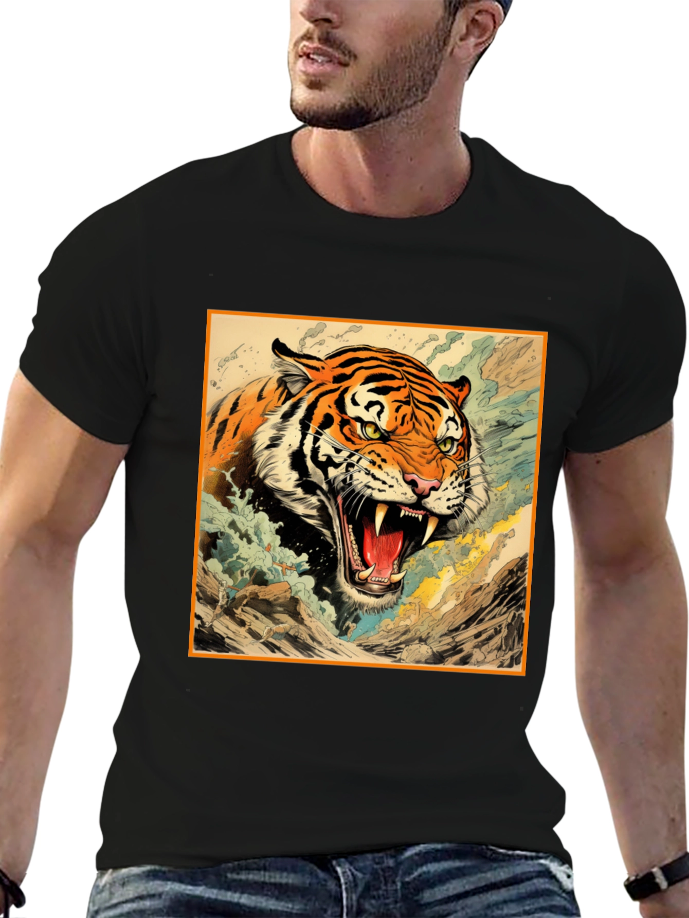 Tiger Graphic Tee - Black Cotton T-Shirt