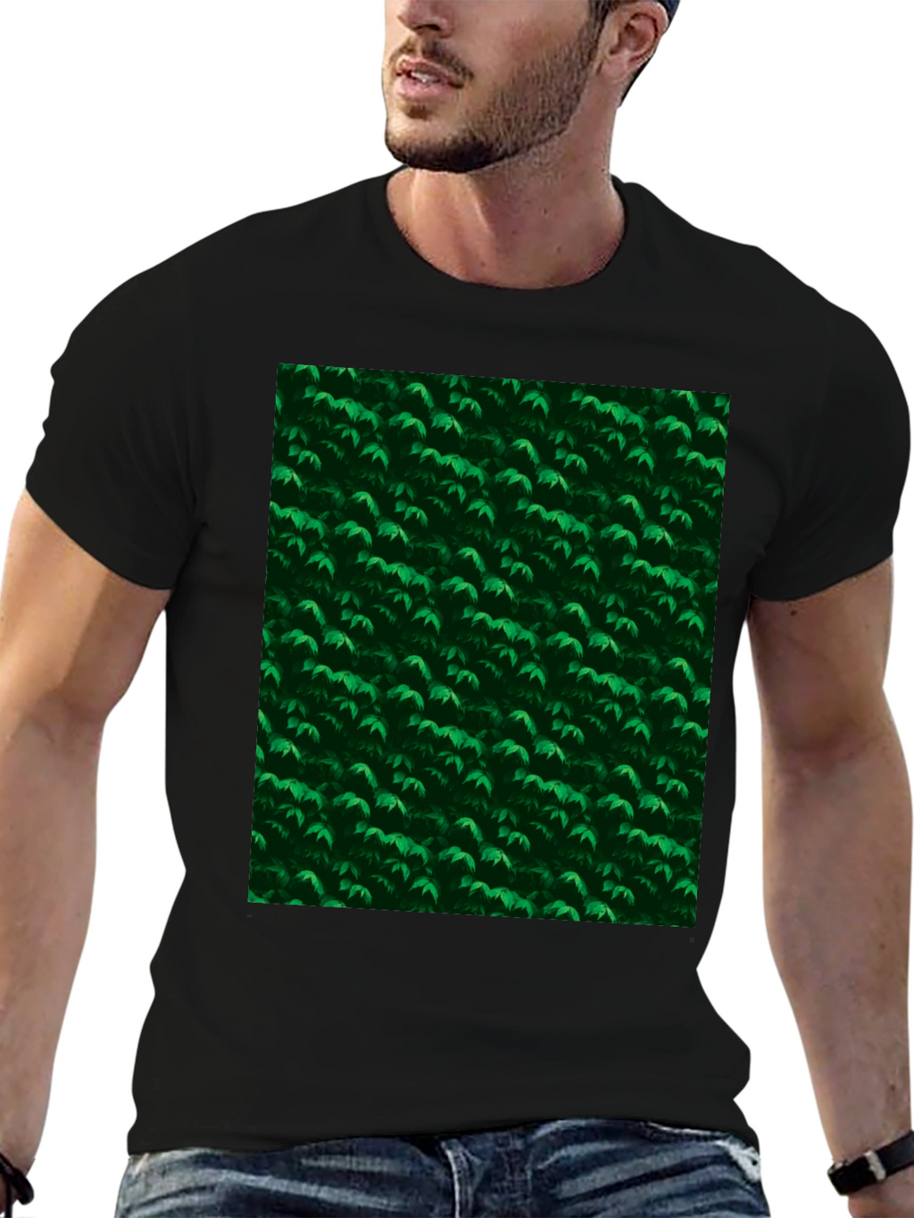 Green Leaves Pattern Black T-Shirt