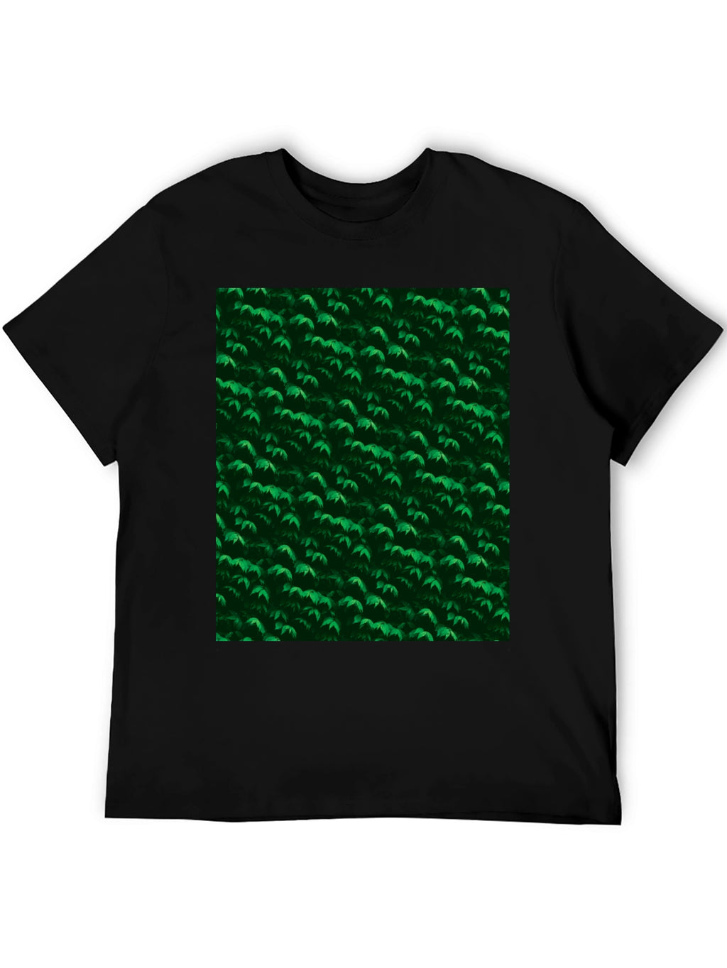 Green Leaves Pattern Black T-Shirt