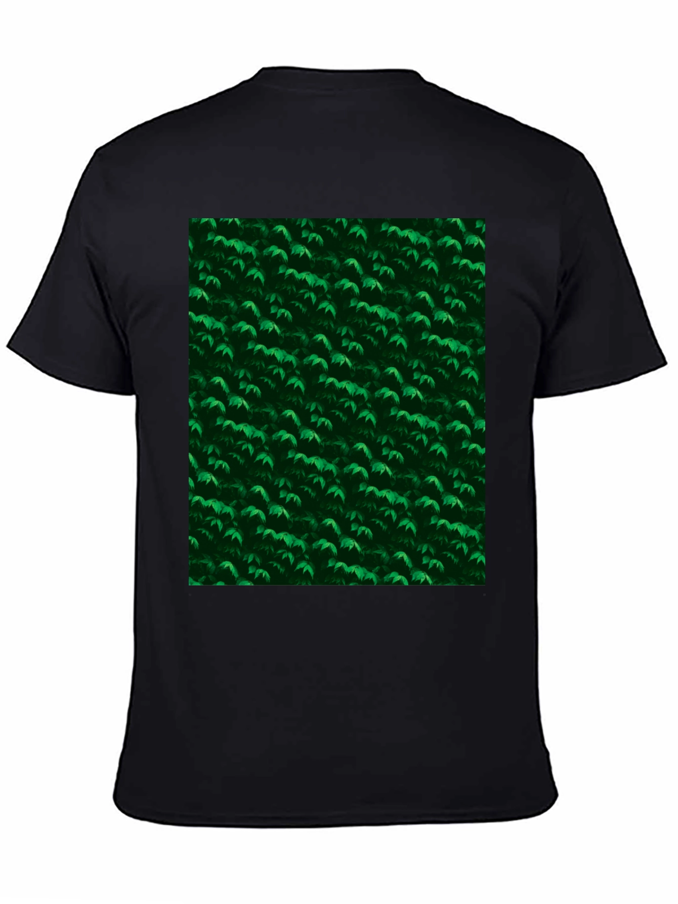 Green Leaves Pattern Black T-Shirt