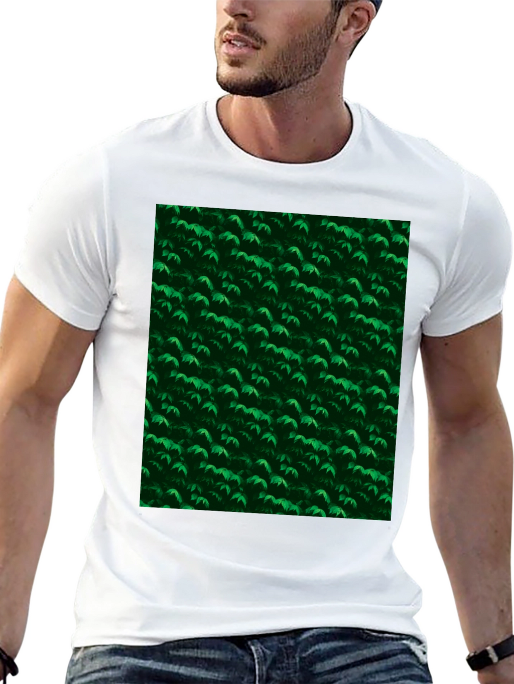 Green Leaves Pattern Black T-Shirt