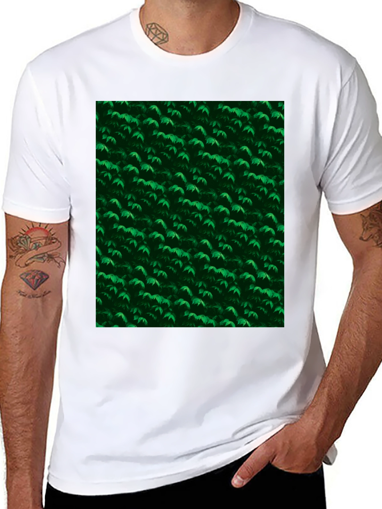 Green Leaves Pattern Black T-Shirt