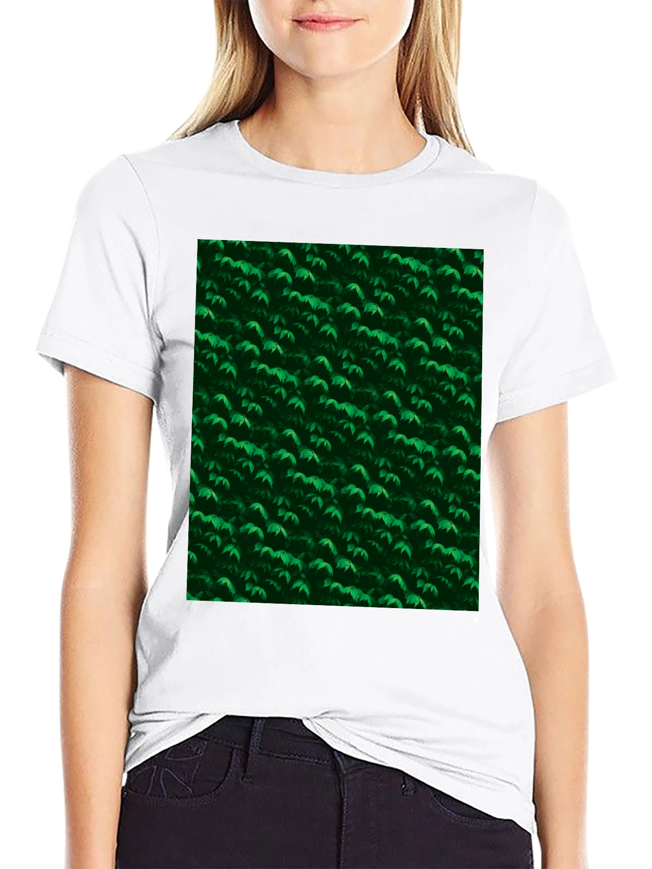 Green Leaves Pattern Black T-Shirt