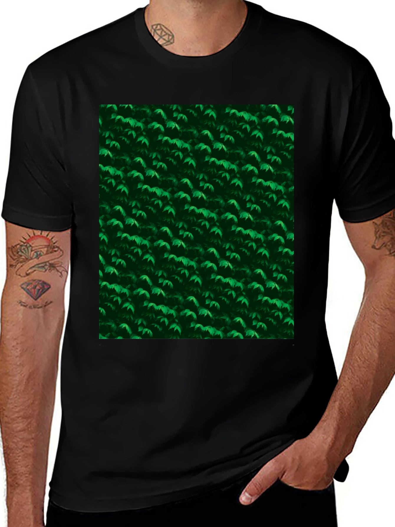 Green Leaves Pattern Black T-Shirt