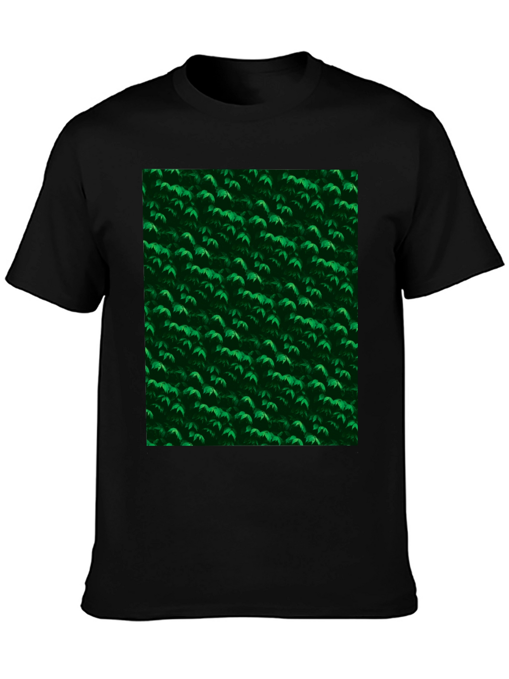 Green Leaves Pattern Black T-Shirt