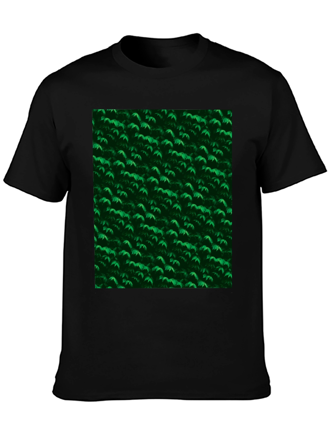 Green Leaves Pattern Black T-Shirt