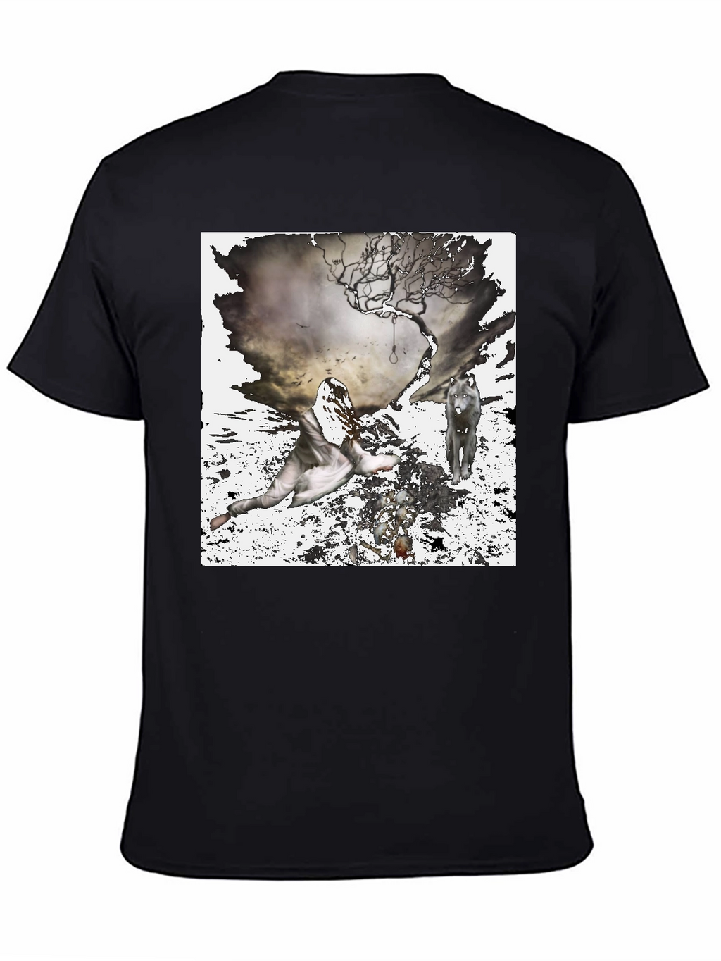 Artistic Wolf & Figure Print Black T-Shirt