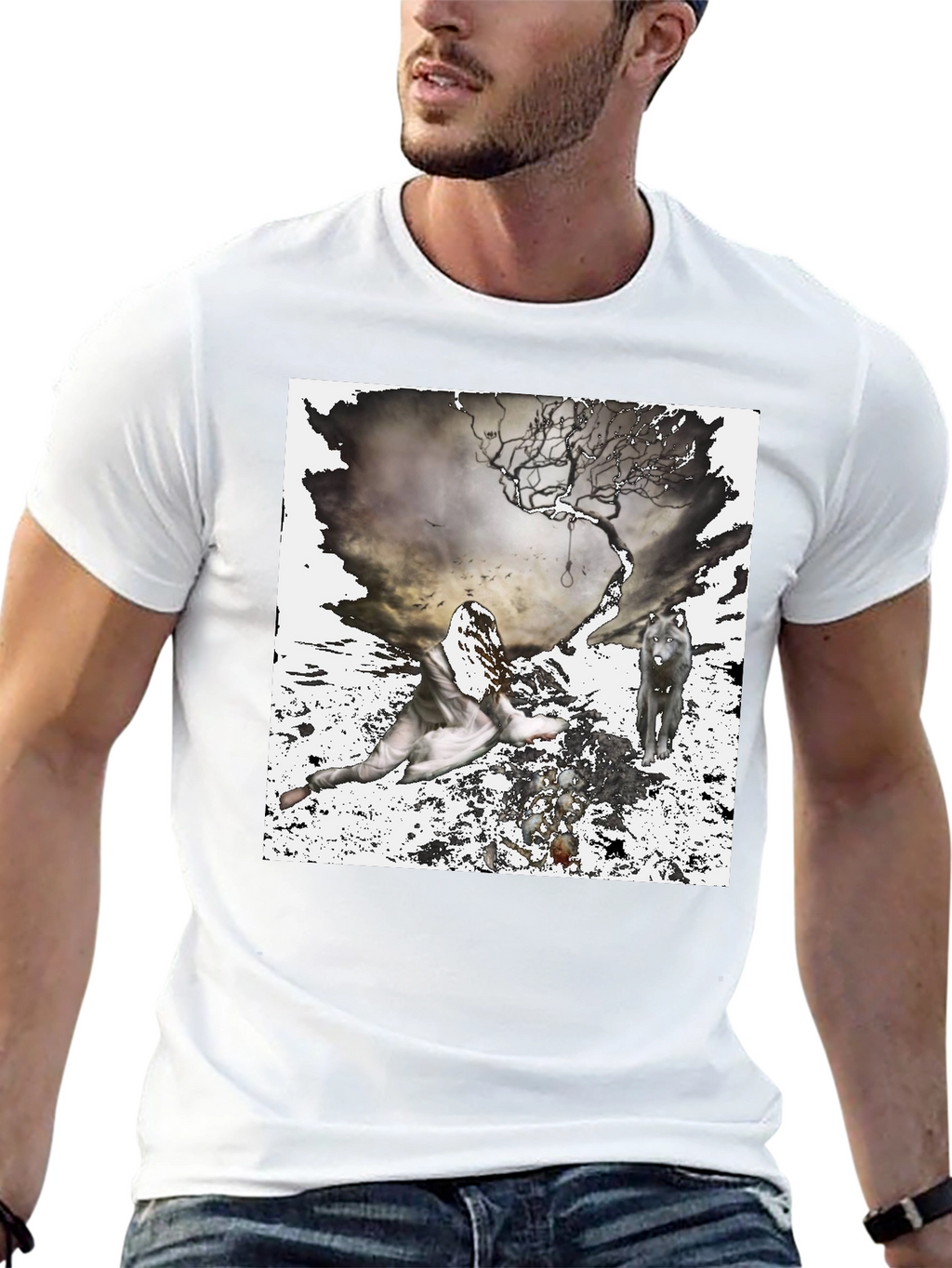 Artistic Wolf & Figure Print Black T-Shirt
