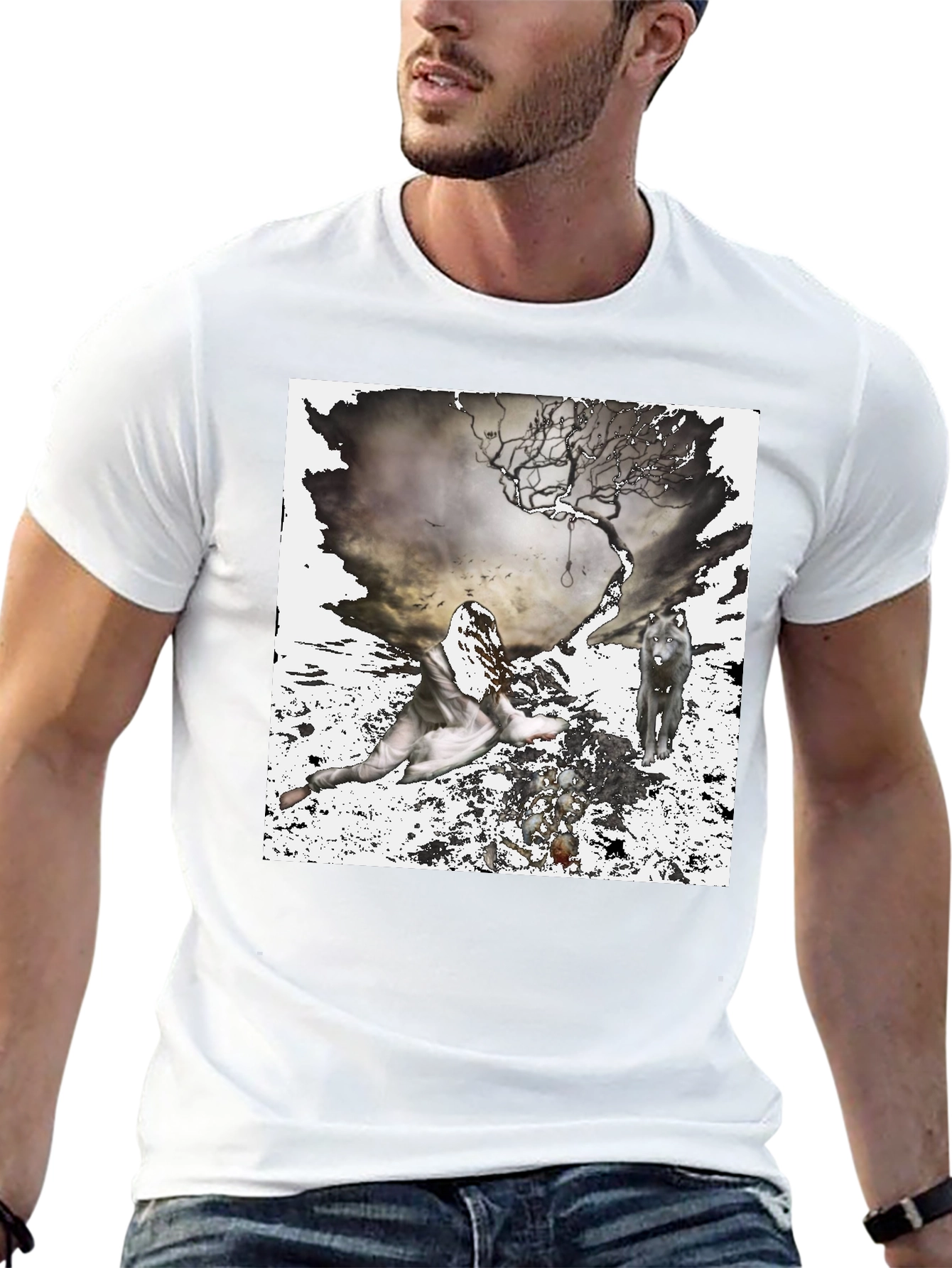 Artistic Wolf & Figure Print Black T-Shirt