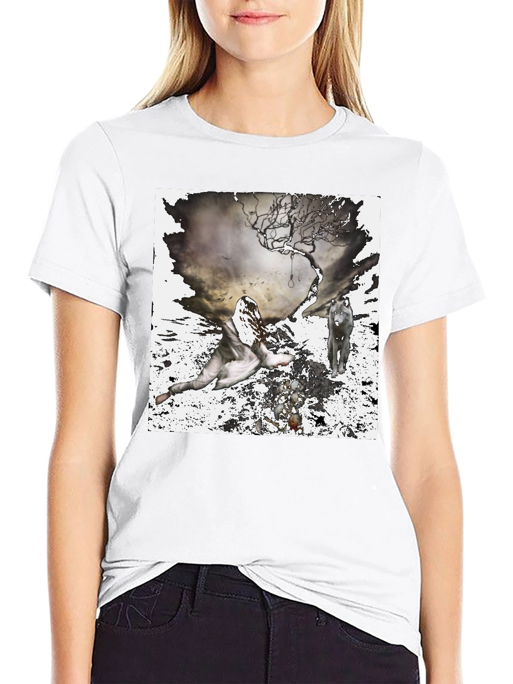 Artistic Wolf & Figure Print Black T-Shirt