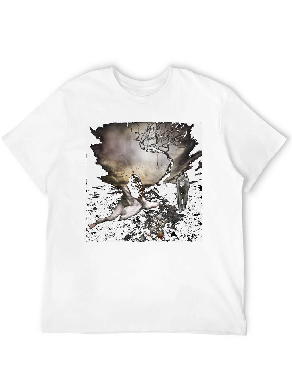 Artistic Wolf & Figure Print Black T-Shirt