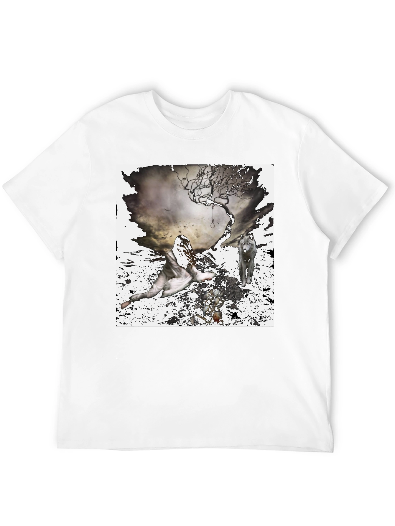 Artistic Wolf & Figure Print Black T-Shirt