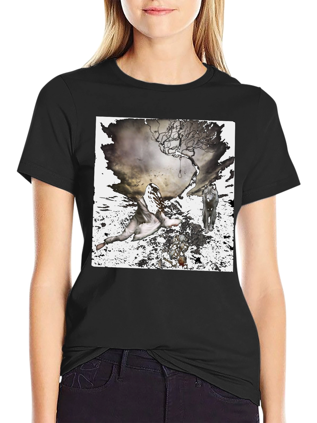 Artistic Wolf & Figure Print Black T-Shirt