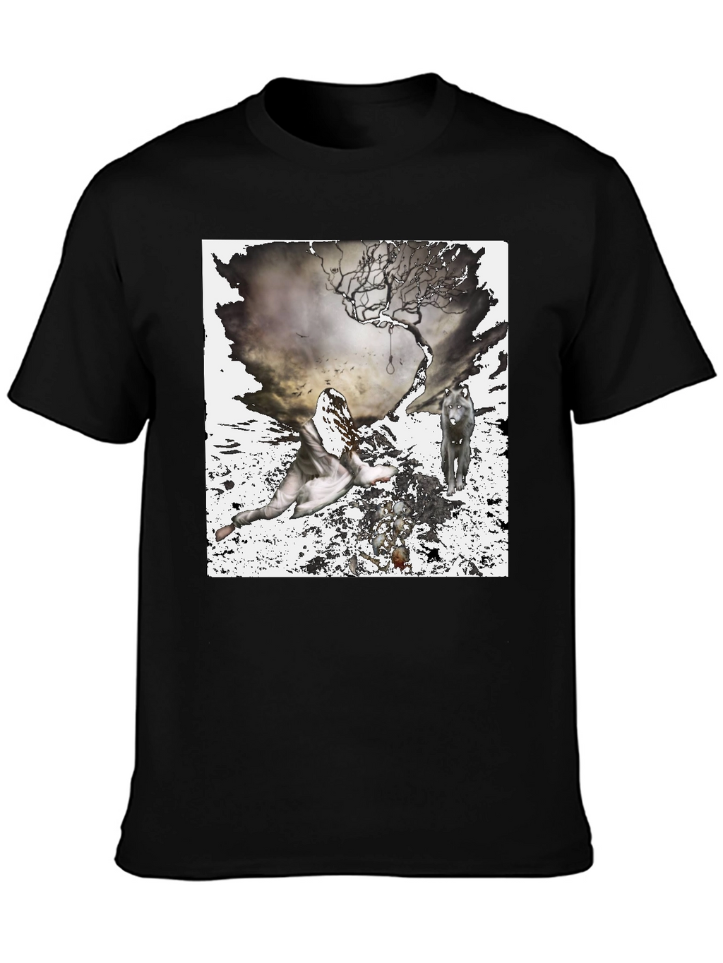 Artistic Wolf & Figure Print Black T-Shirt