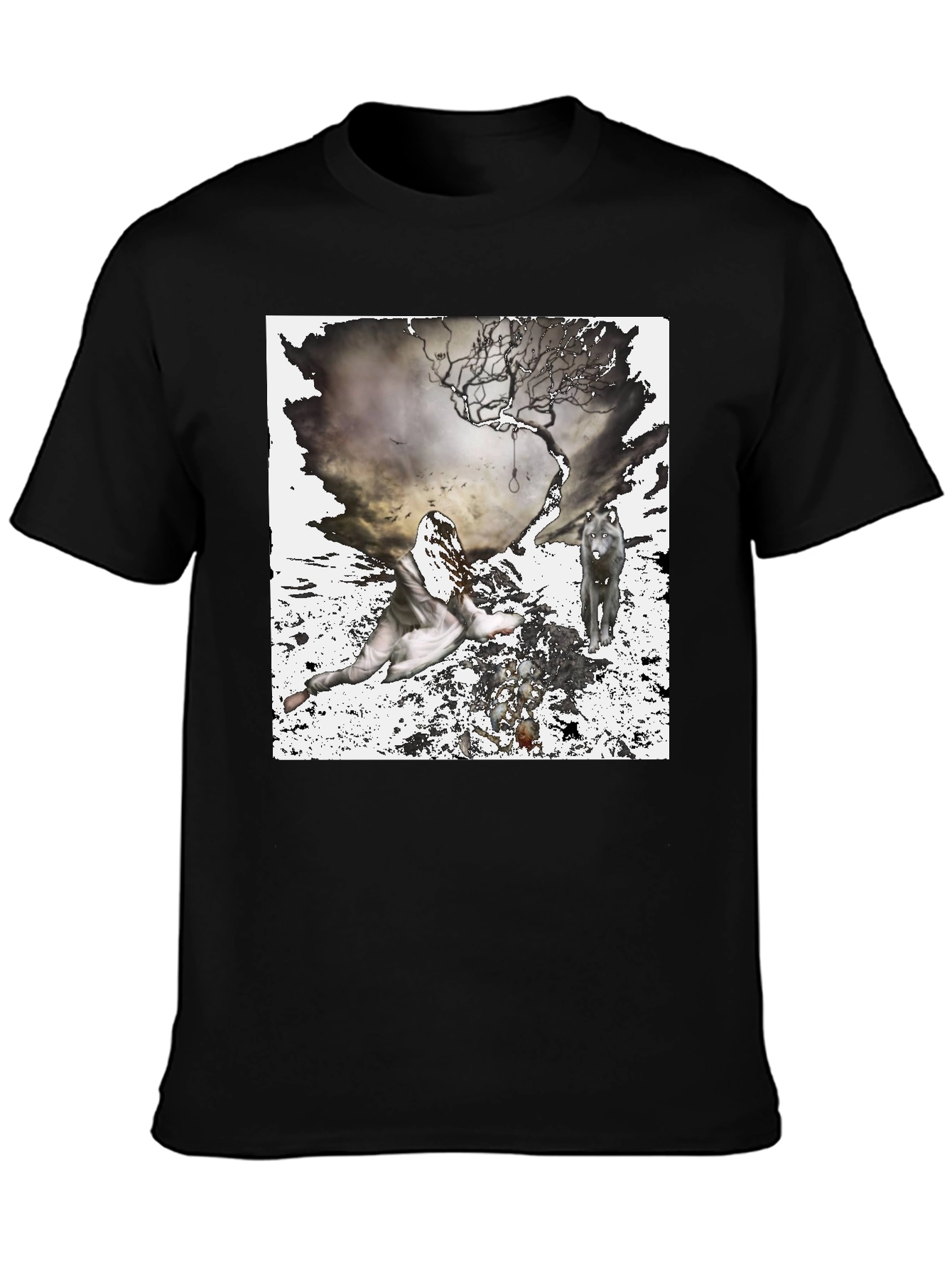 Artistic Wolf & Figure Print Black T-Shirt