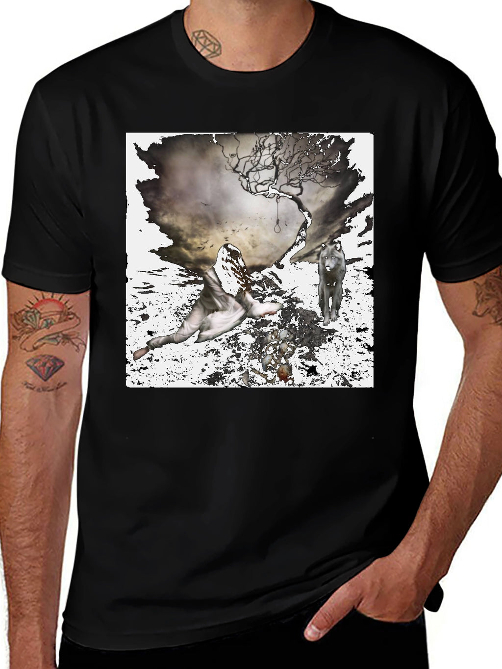 Artistic Wolf & Figure Print Black T-Shirt