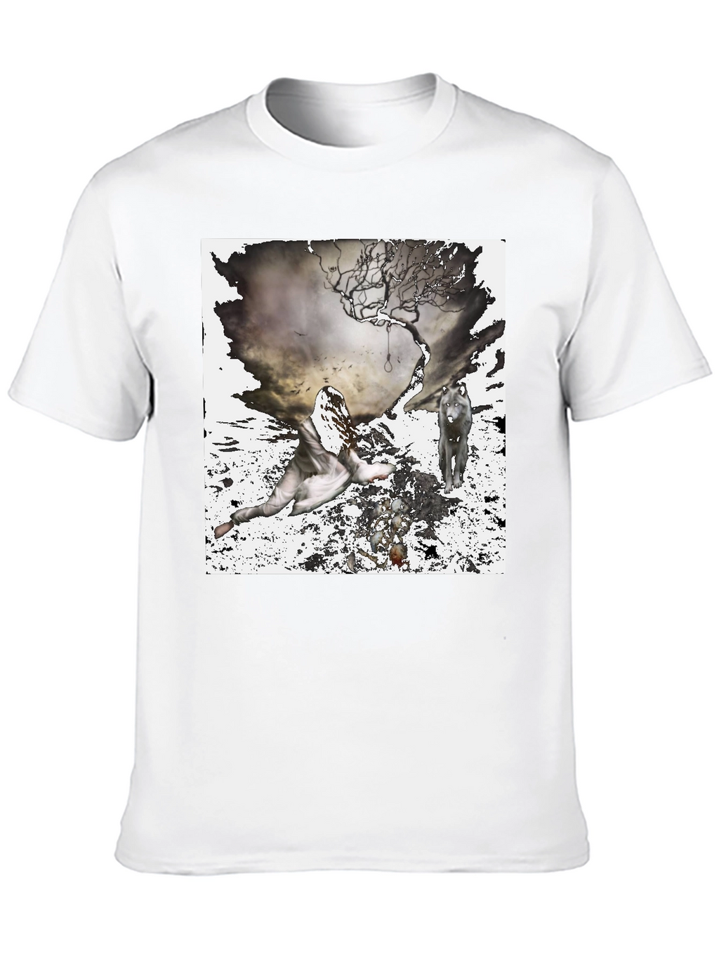 Artistic Wolf & Figure Print Black T-Shirt