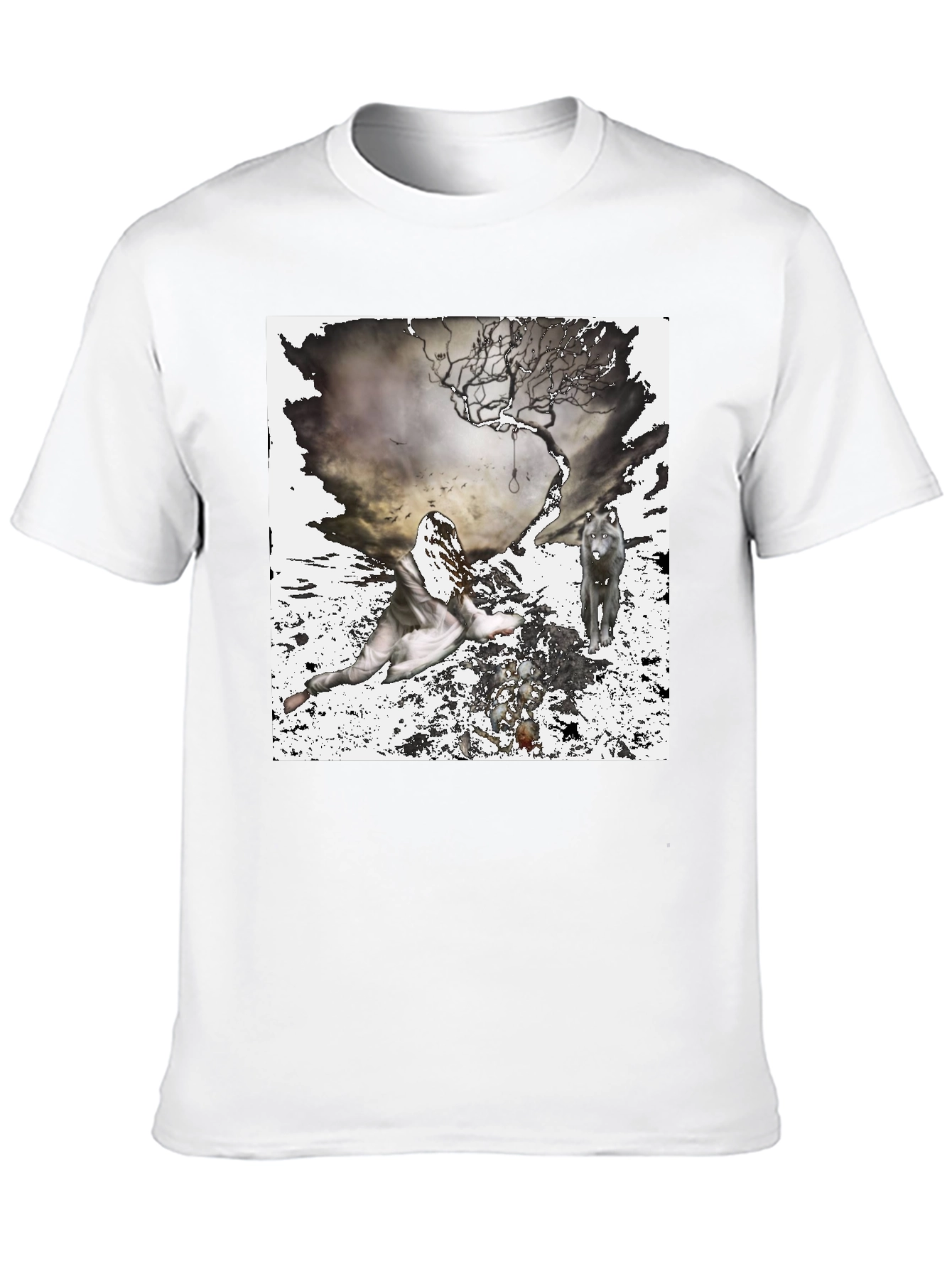 Artistic Wolf & Figure Print Black T-Shirt
