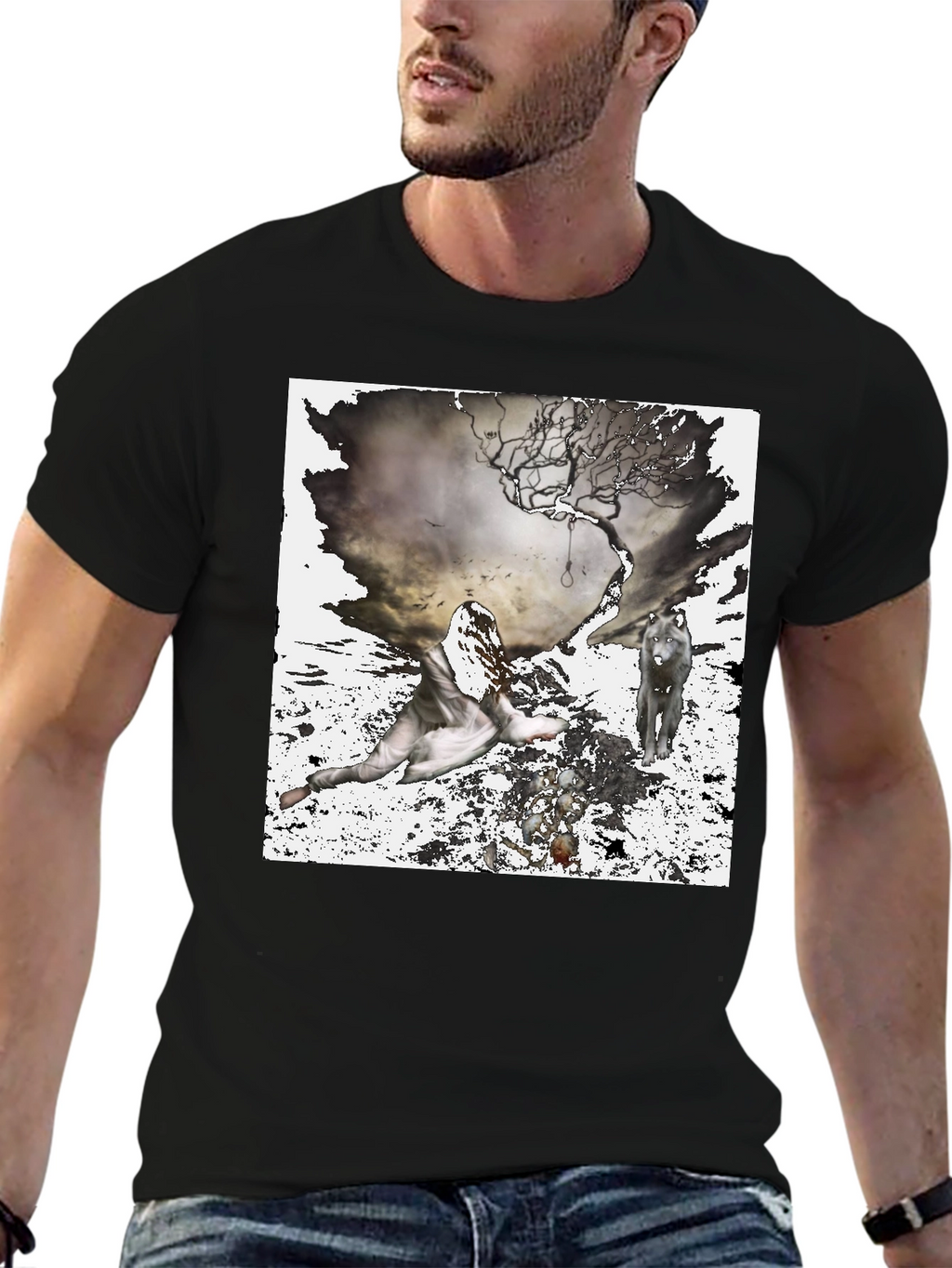 Artistic Wolf & Figure Print Black T-Shirt