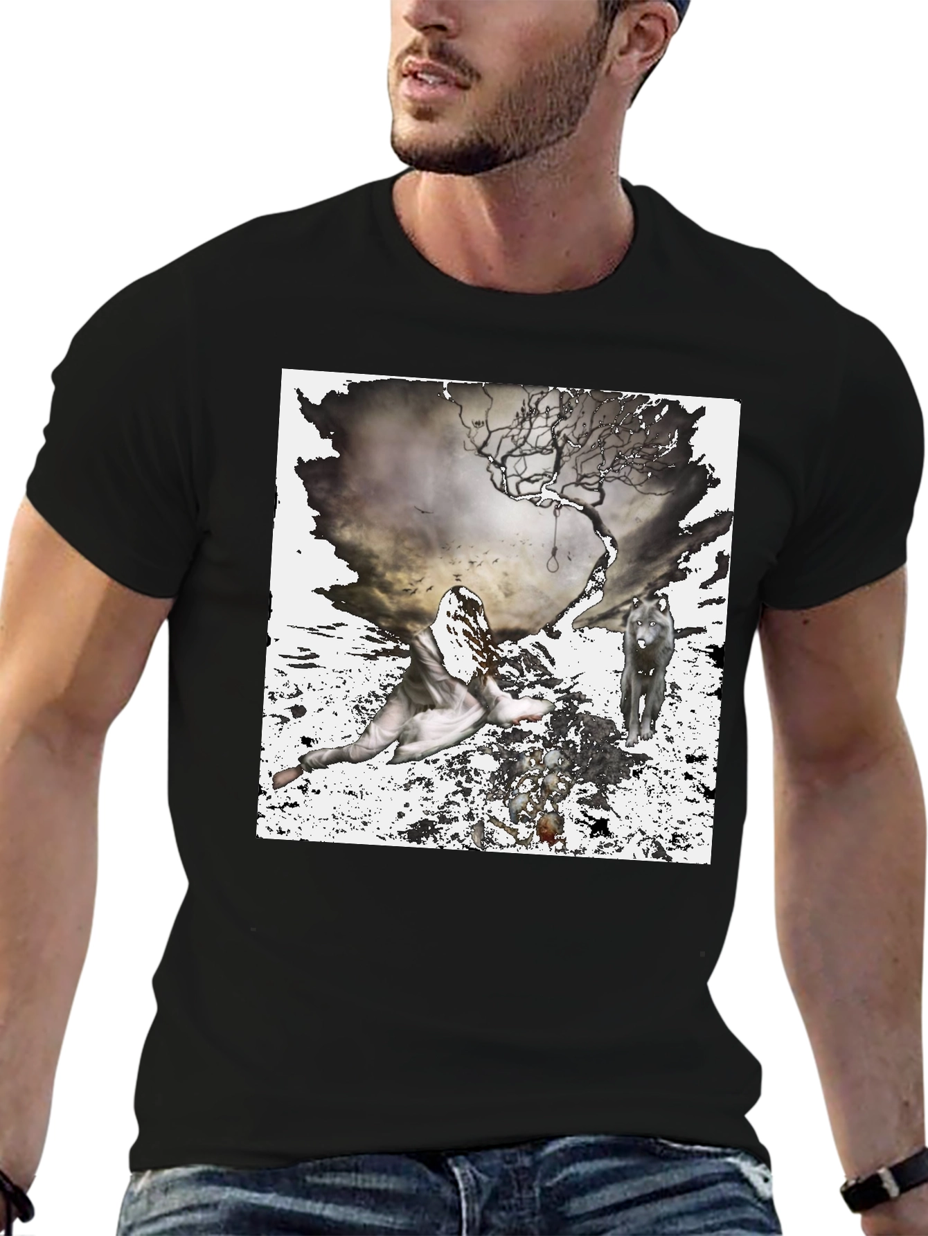 Artistic Wolf & Figure Print Black T-Shirt